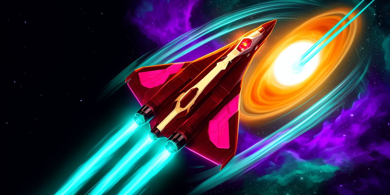 QUASAROT: ein rotes Raumschiff mit cyanfarbenen Triebwerksflammen vor einem leuchtenden Quasar